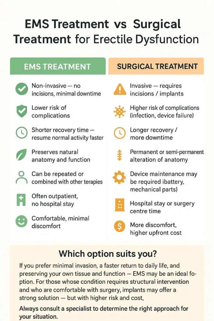 A table showing the benefits of EMS chair for erectile dysfunction treatment Reading compared to surgery.